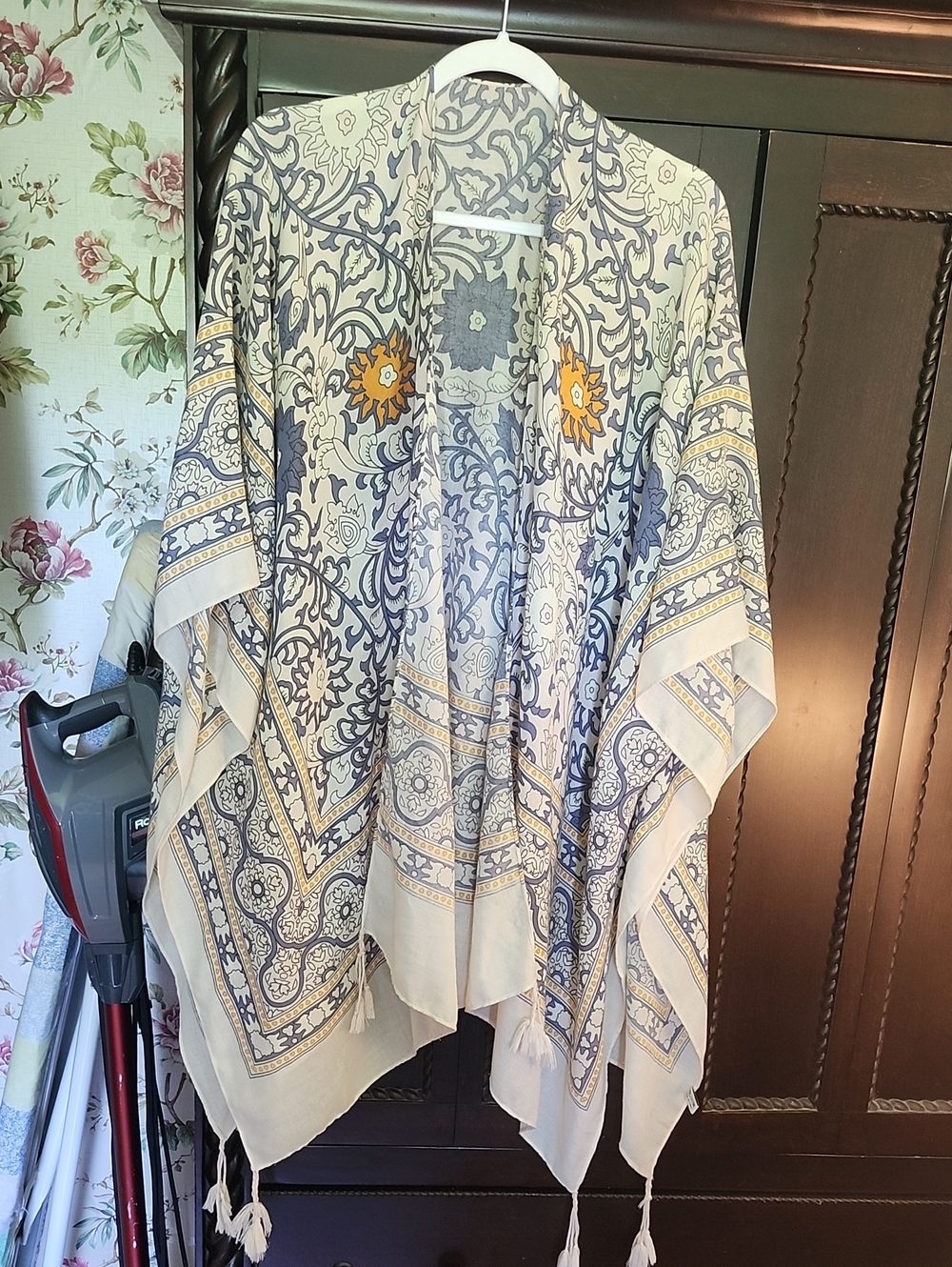Bohemian Floral Tassel Kimono - Blue, Cream & Mustard